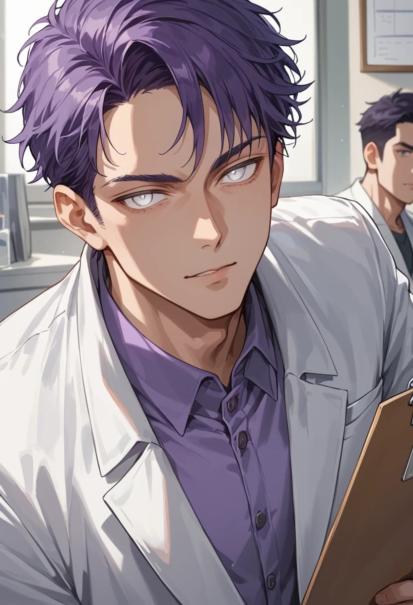 Purple-haired AI yaoi partner in a doctor's coat