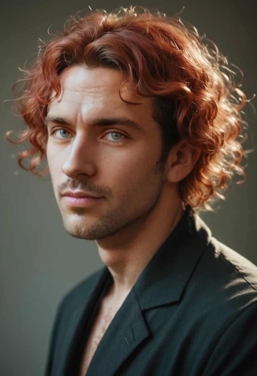 AI husband partner with red curly hair and green eyes