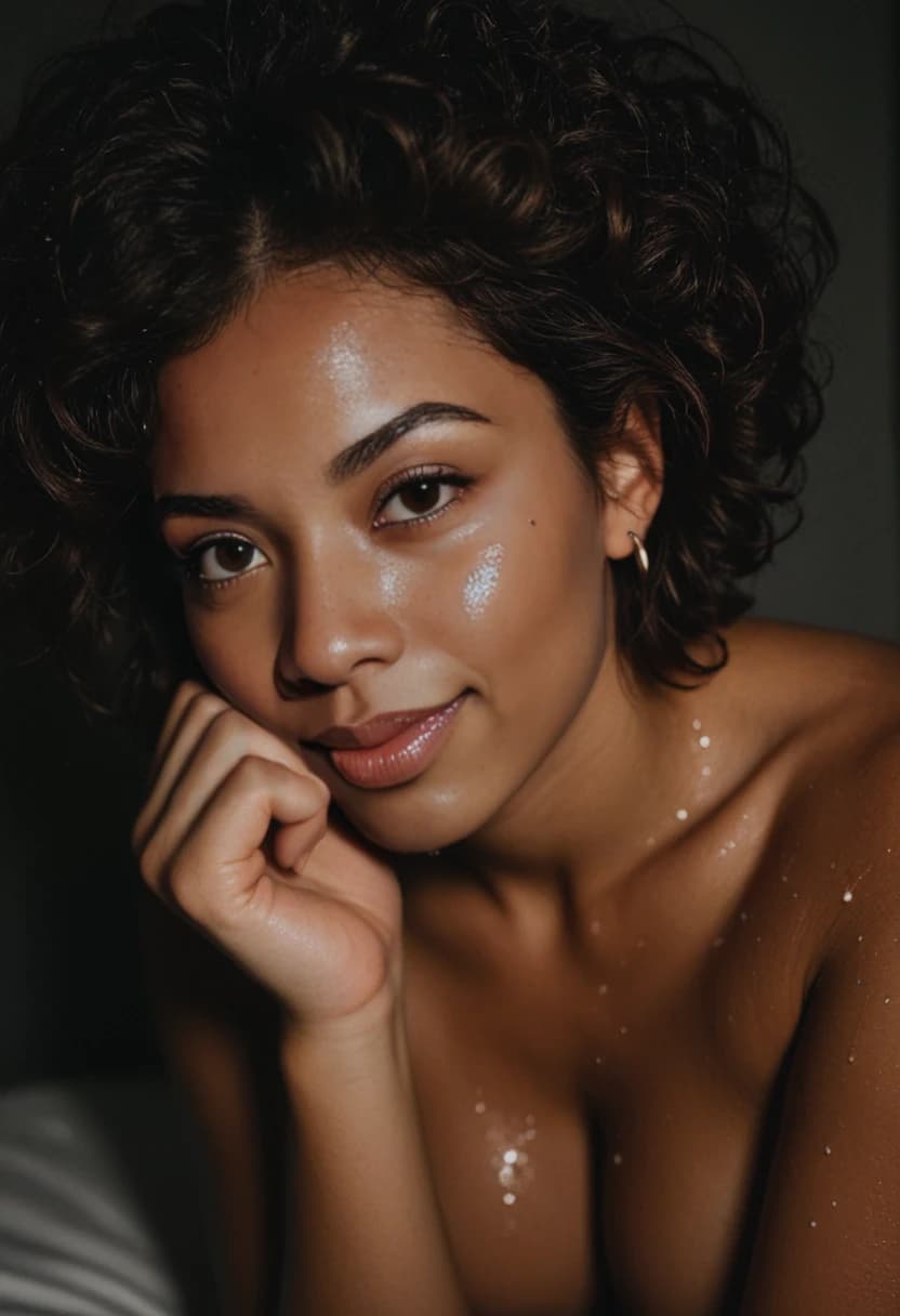 AI phone sex — a woman on a late-night call, phone glowing against bare skin