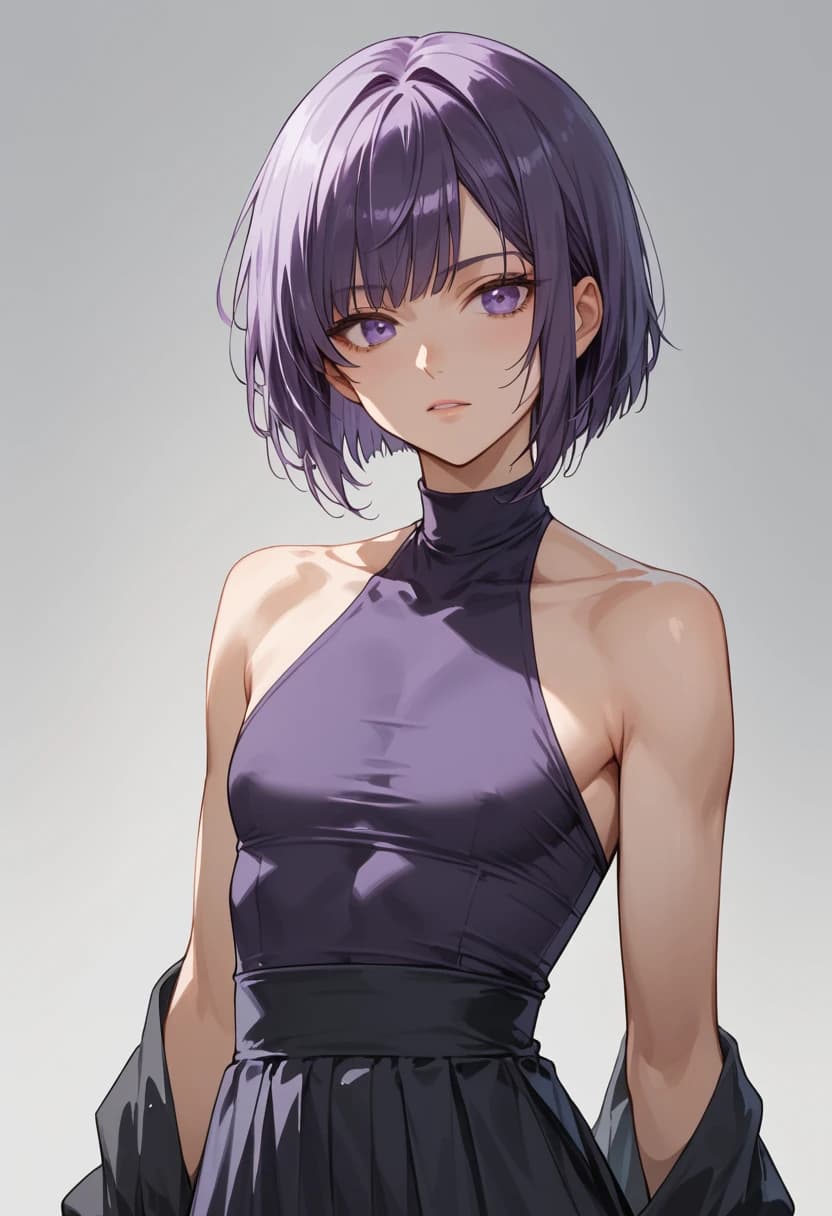 AI crossdresser partner with a purple bob cut in a halter top