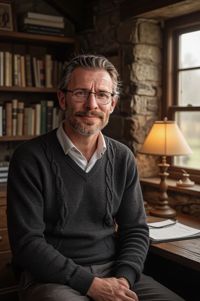 AI dilf partner, a greying village doctor in a study lined with books