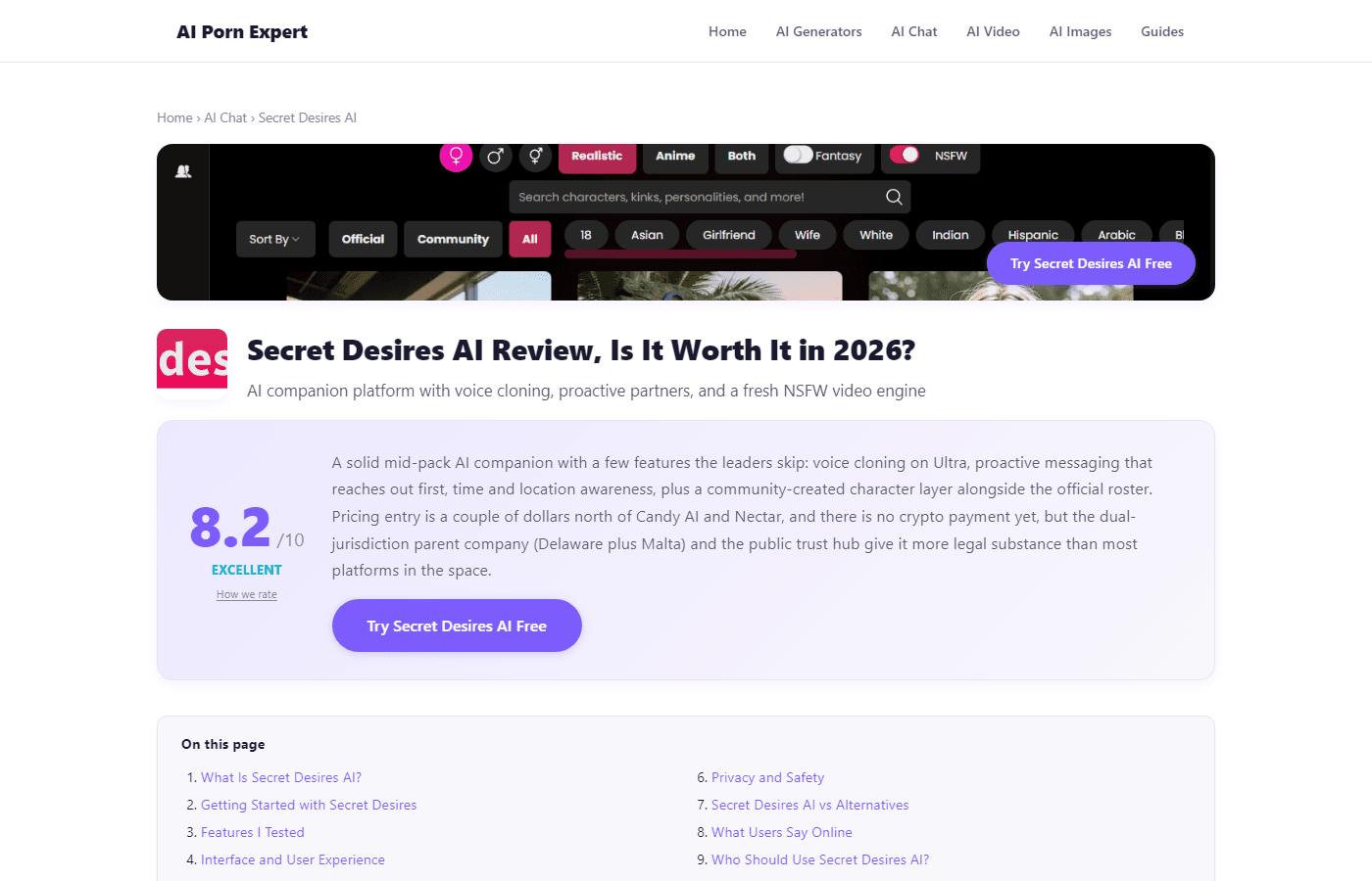 Secret Desires AI review on AI Porn Expert, rated 8.2 out of 10