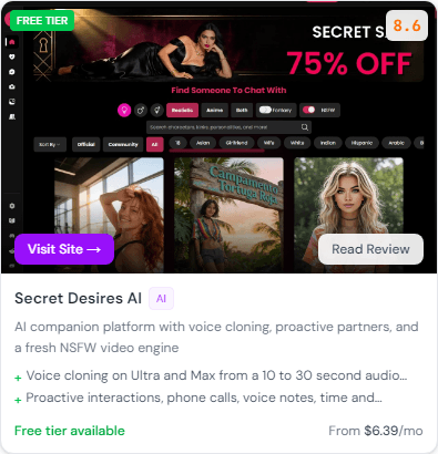 Secret Desires AI ranked #4 on FapIndex with a score of 8.6